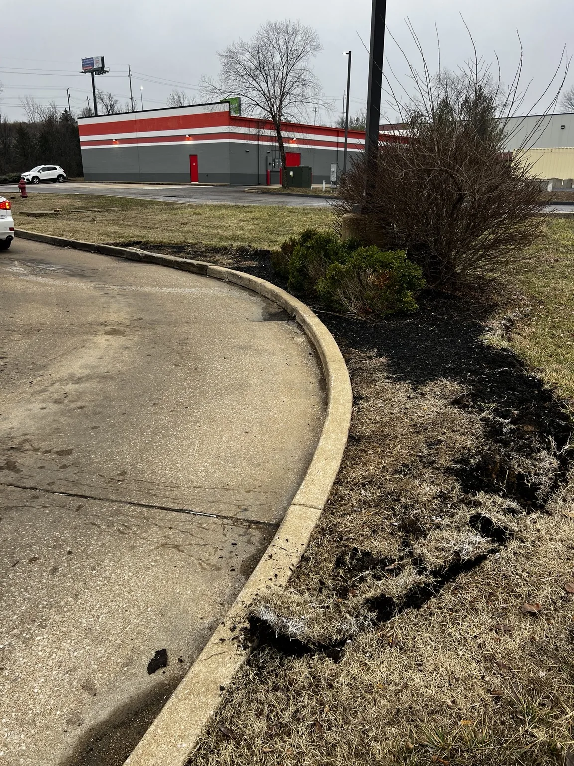 Commercial curbside bed with worn edges and weeds