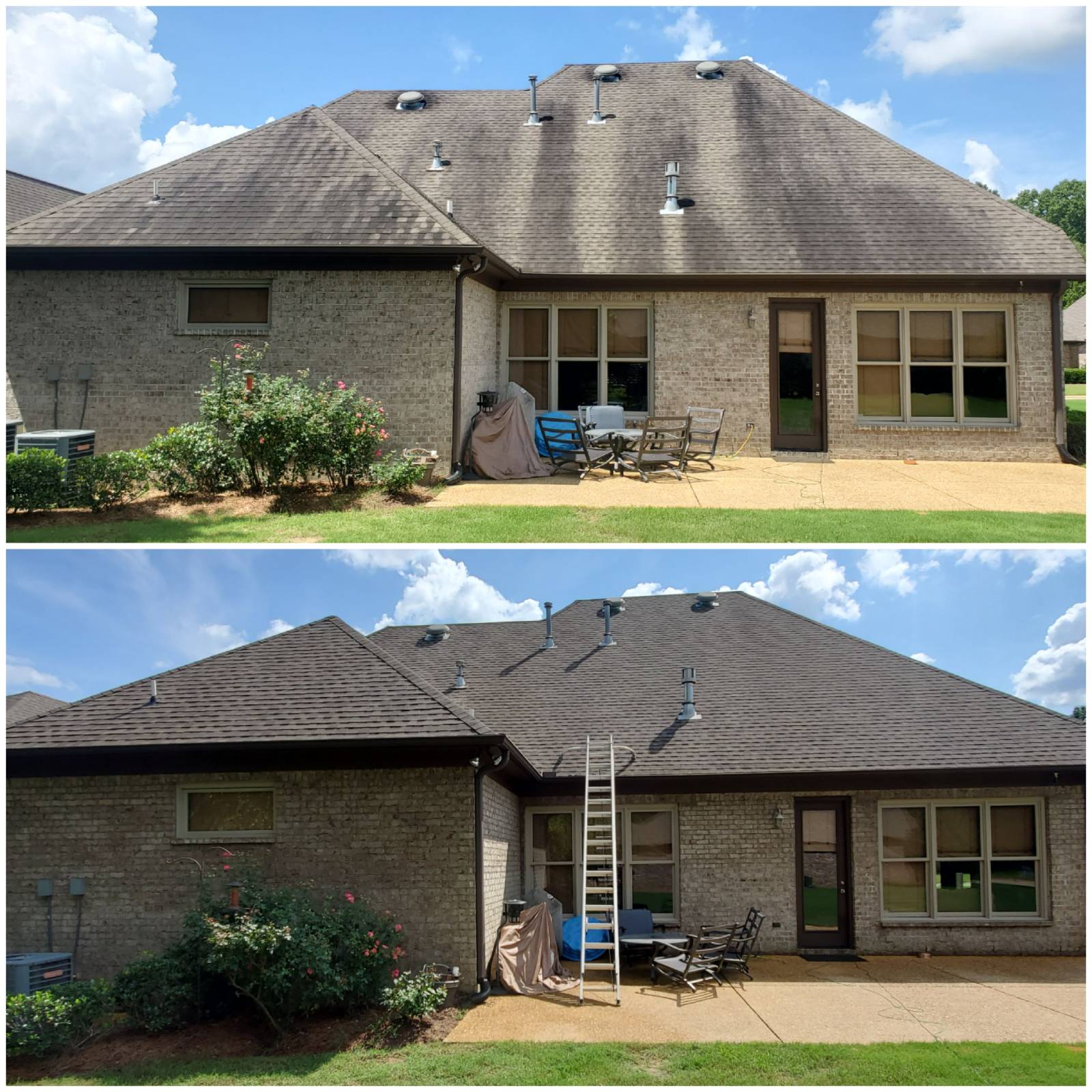 Large roof cleaning before and after