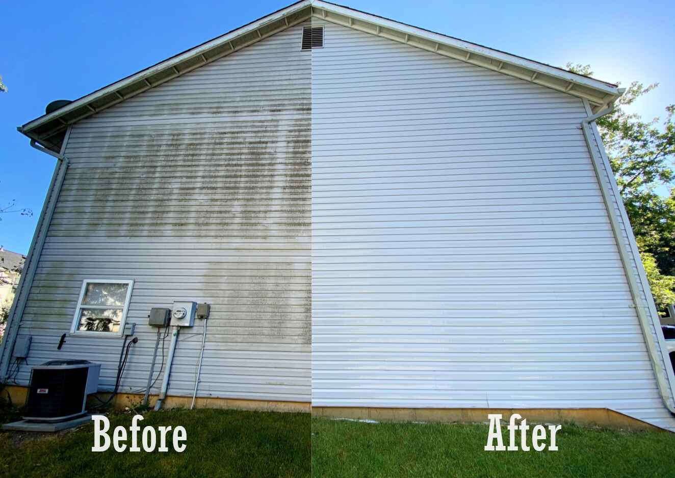 Half-cleaned siding showing a dramatic house-wash comparison