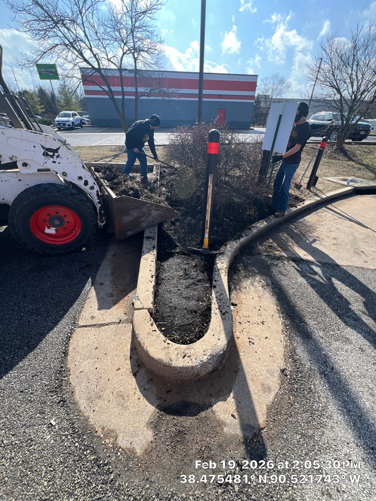 Crew tending a narrow commercial planting bed