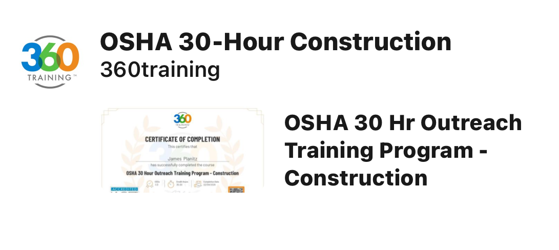 OSHA 30-Hour Construction outreach training completion listing from 360training for James Planitz