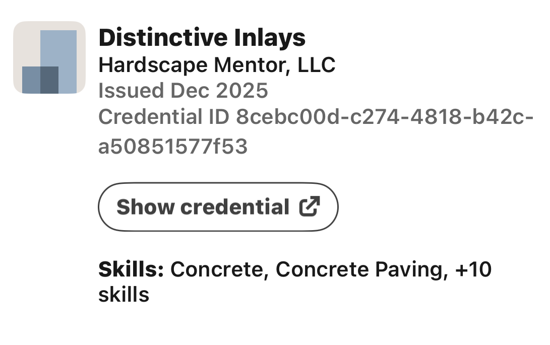 Hardscape Mentor Distinctive Inlays course listing, issued December 2025