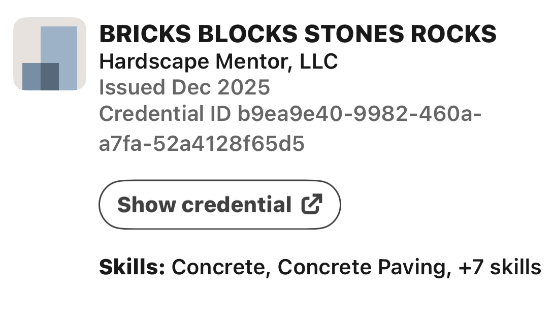 Hardscape Mentor Bricks Blocks Stones Rocks course listing, issued December 2025