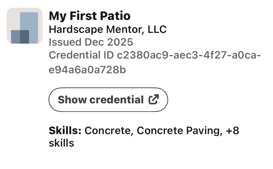 Hardscape Mentor My First Patio course listing, issued December 2025