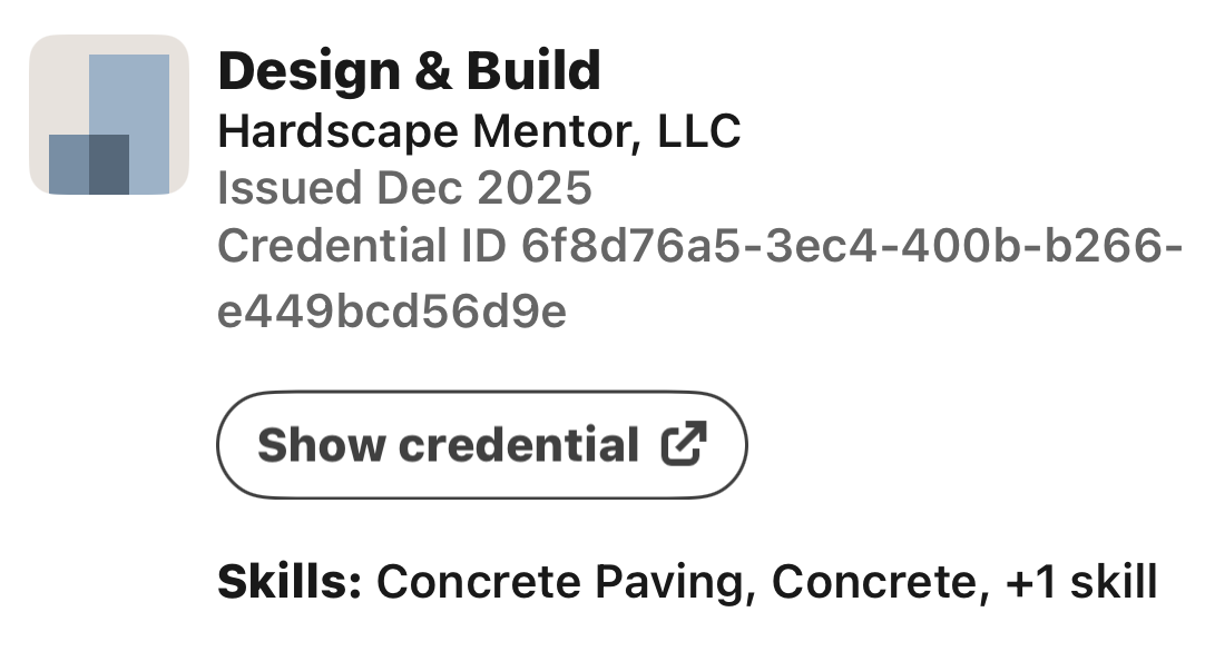 Hardscape Mentor Design and Build course listing, issued December 2025