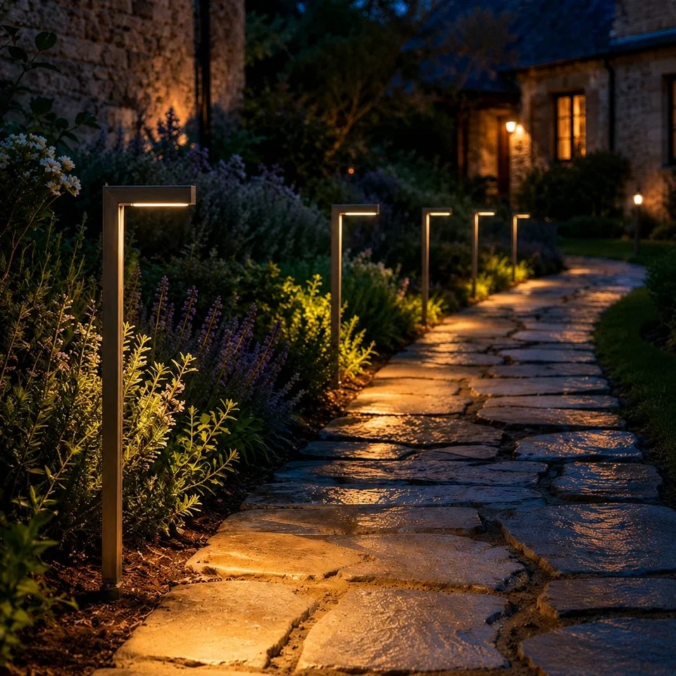 Warm path lights illuminating a stone walkway beside a flowering garden