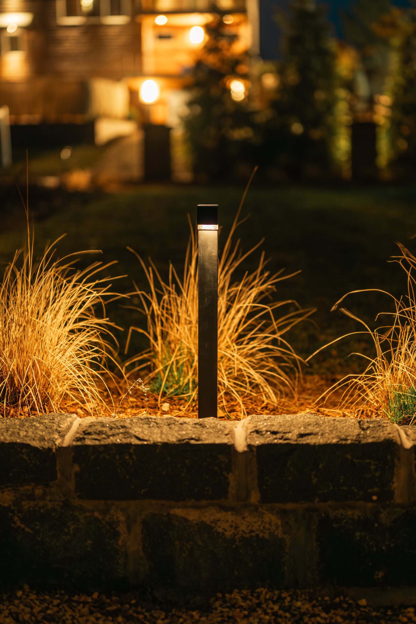 Slim landscape light illuminating ornamental grasses above a stone wall