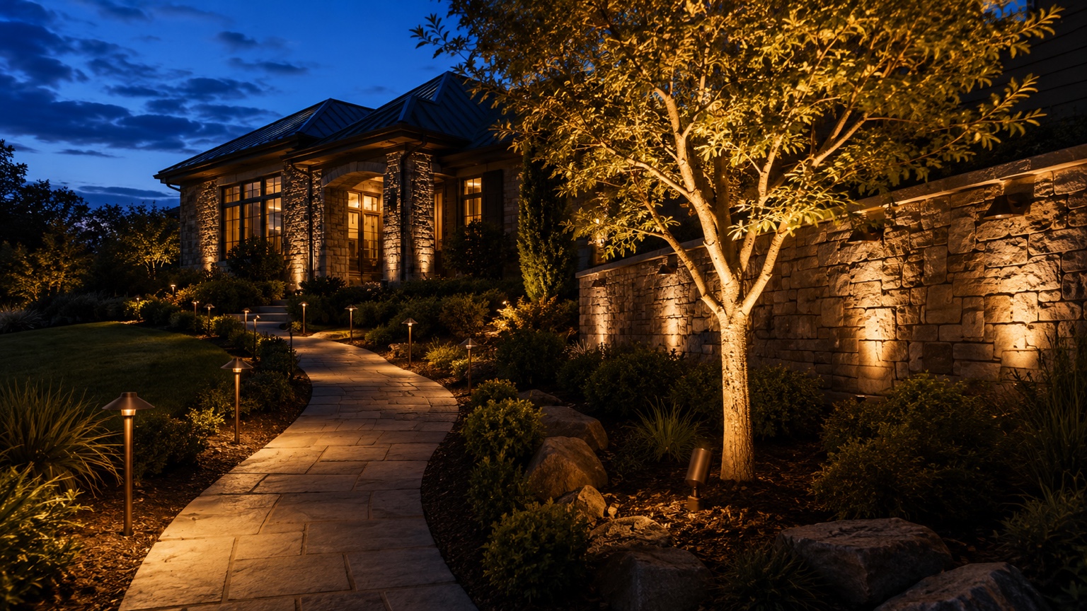 Warm landscape lighting illuminating a curved walkway, trees, stone walls, and a home at dusk