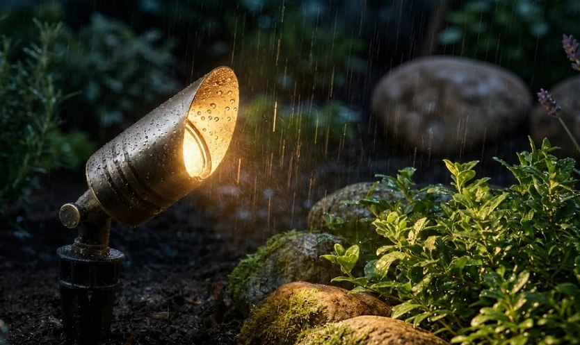 Illuminated landscape spotlight beside rocks and planting in the rain