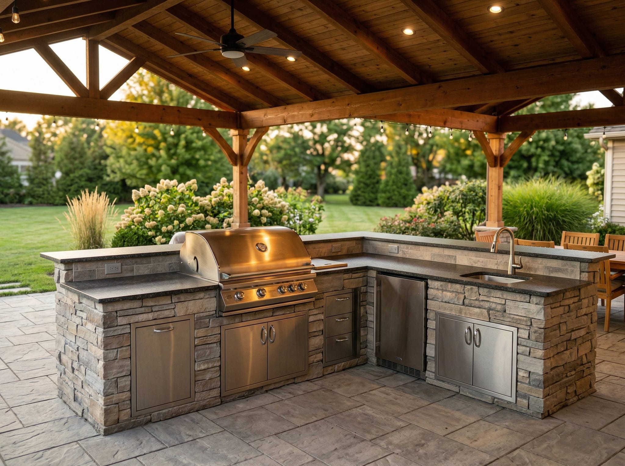 Stone outdoor kitchen with grill, sink, refrigerator and covered seating