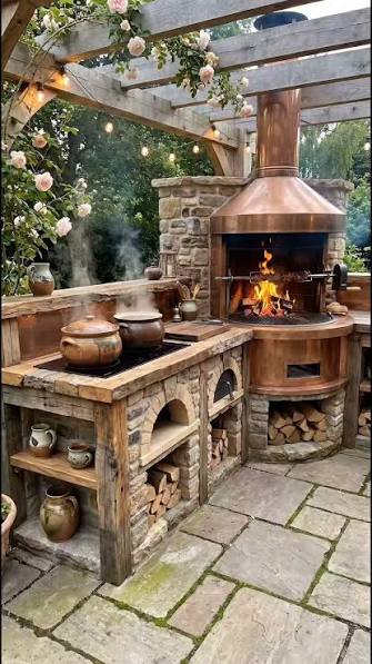 Rustic outdoor cooking space with stonework and copper fireplace