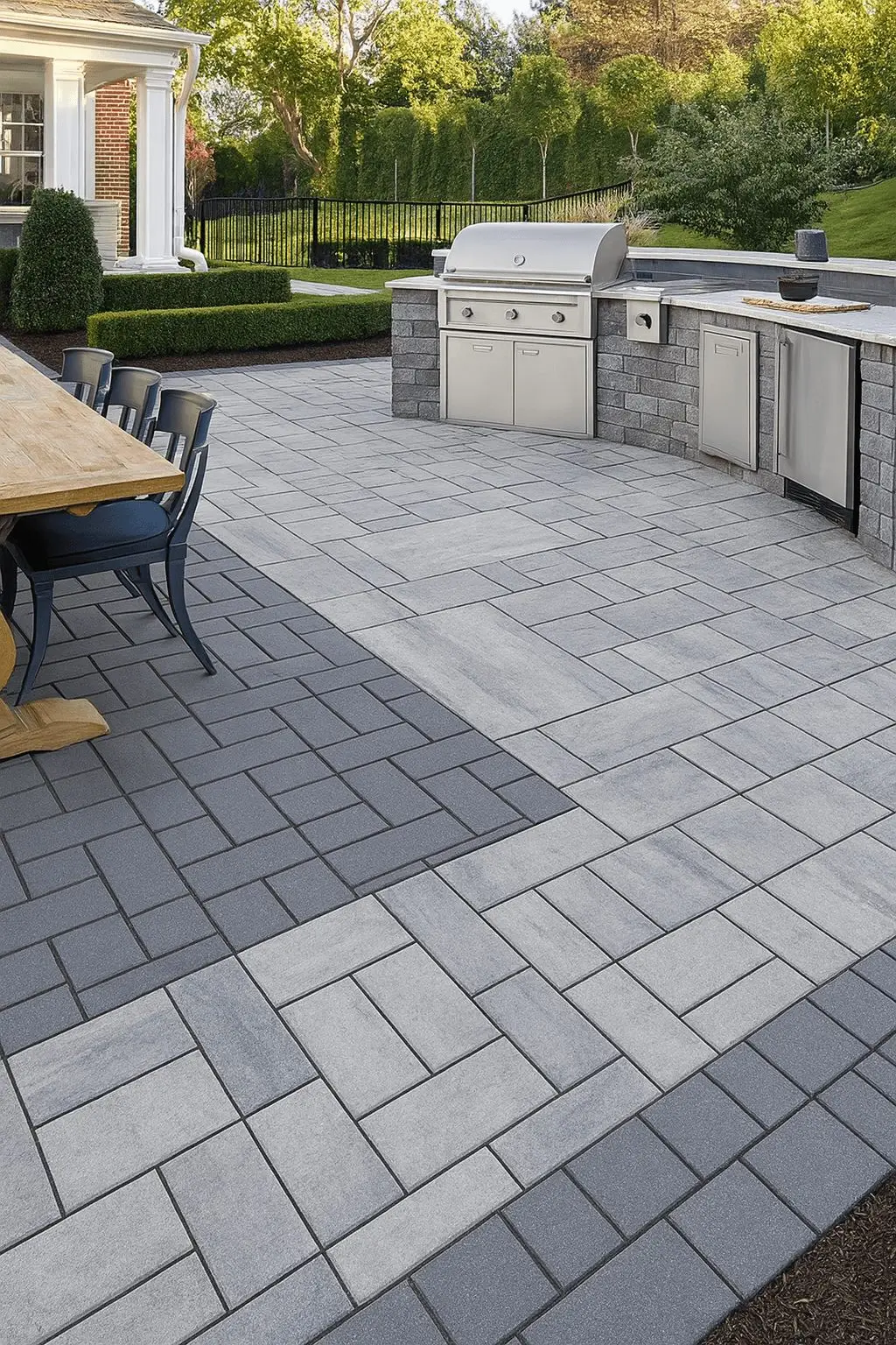 Gray paver patio with dining area and built-in outdoor kitchen