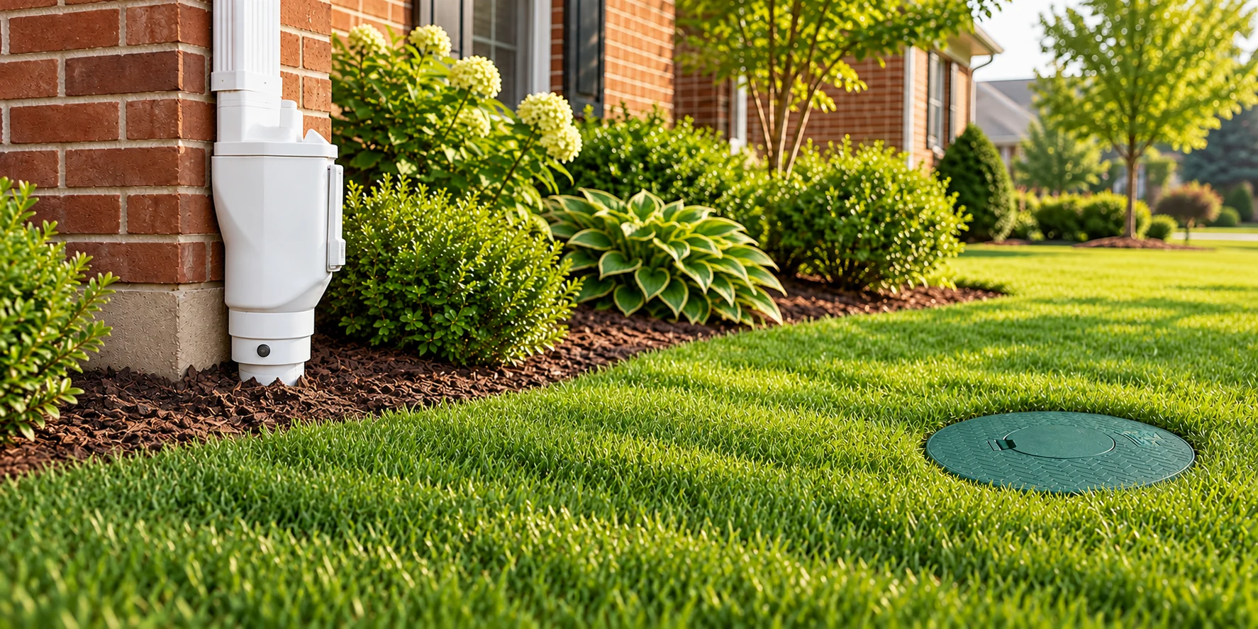 Illustration of buried downspout drainage with vented leaf-filter cleanout and pop-up emitter at lawn level.