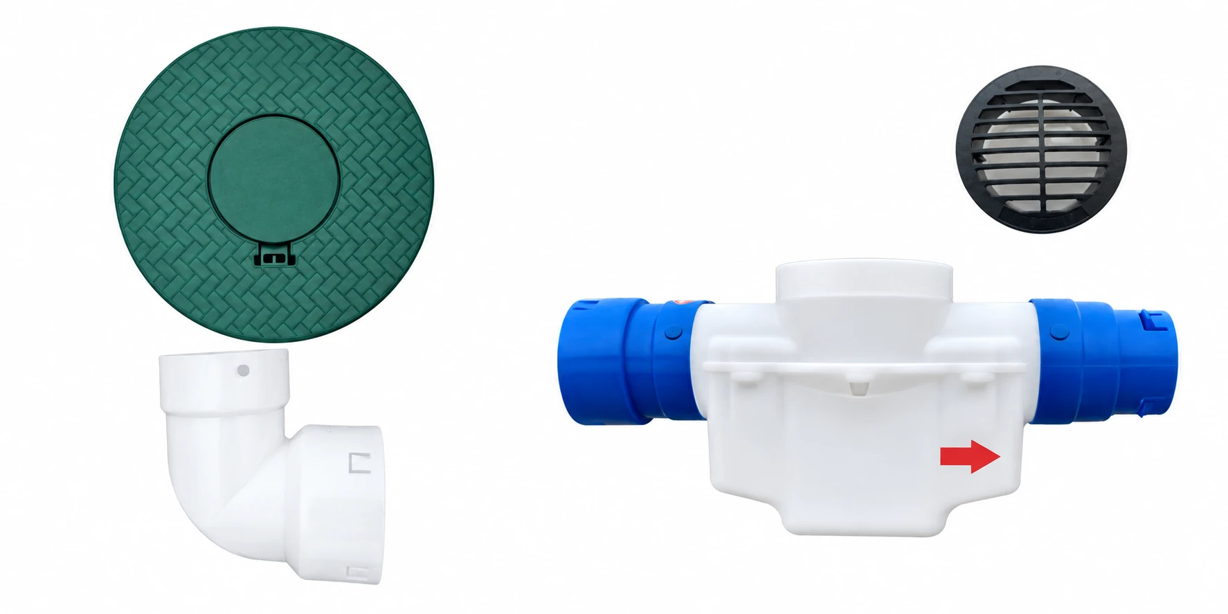 Drain line cleanout with green access cover on the left and inline catch basin with black grate on the right.