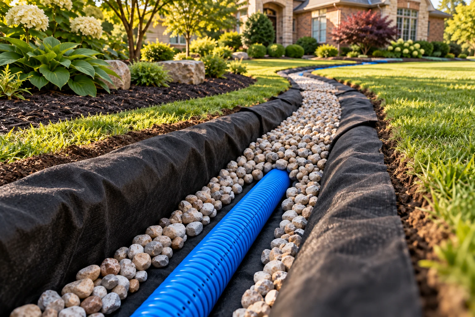 Illustration of blue French drain pipe laid on nonwoven fabric with washed drainage stone.