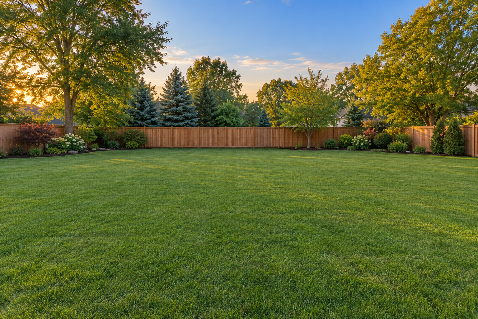 Open backyard with a cedar fence and mature planting